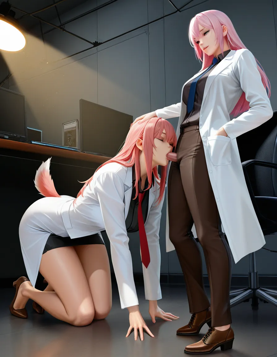 ultra HD, lifelike, office lady, pink hair, tail, bent over, cinematic realism, cinematic photo, 8k, 2girls, brown footwear, necktie, winking, blowjob, studio lighting, hyperrealistic, lab_coat, hentai_studio_quality, hentai_studio_quality