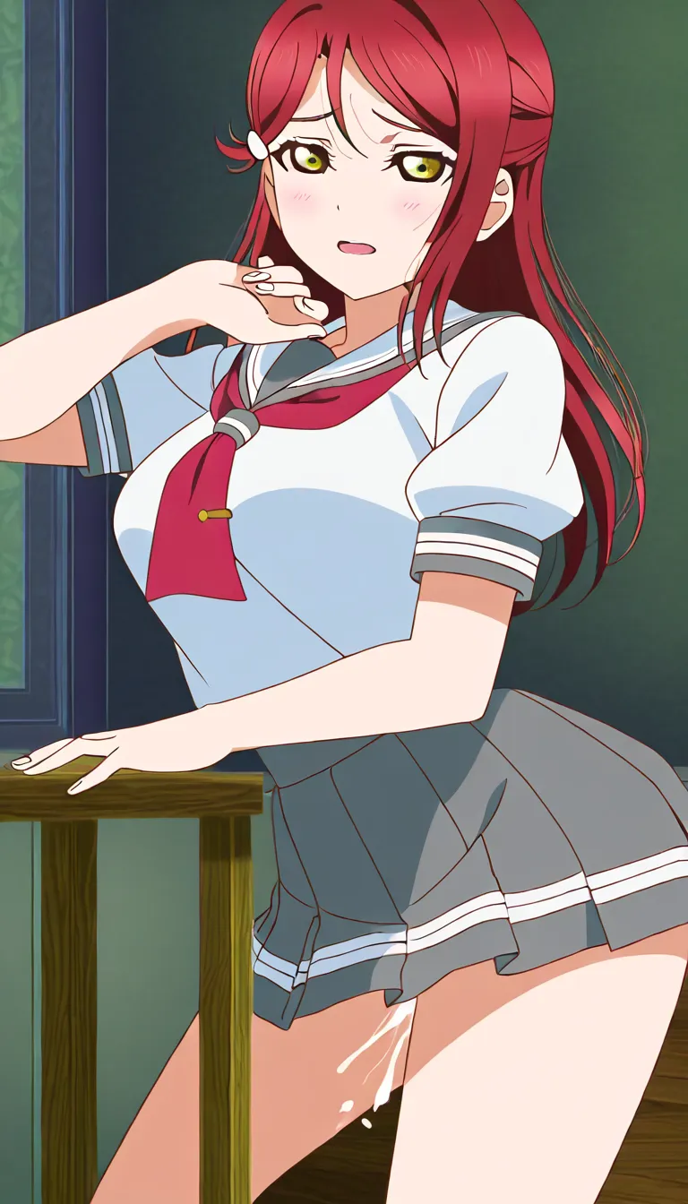 love_live! love_live!_sunshine!! yellow_eyes red_hair sakurauchi_riko futanari cumshot masturbation orgasm sitting school_uniform mature_female pleasure masterpiece highres, hentai_studio_quality, (anime style:1.3), 2d, anime screencap, cel shading, flat color