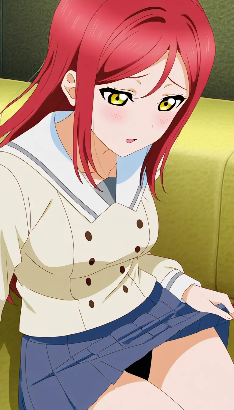 love_live! love_live!_sunshine!! yellow_eyes red_hair sakurauchi_riko futanari cumshot masturbation orgasm sitting school_uniform mature_female pleasure masterpiece highres skirt_lift, couch, penis, hentai_studio_quality, (anime style:1.3), 2d, anime screencap, cel shading, flat color