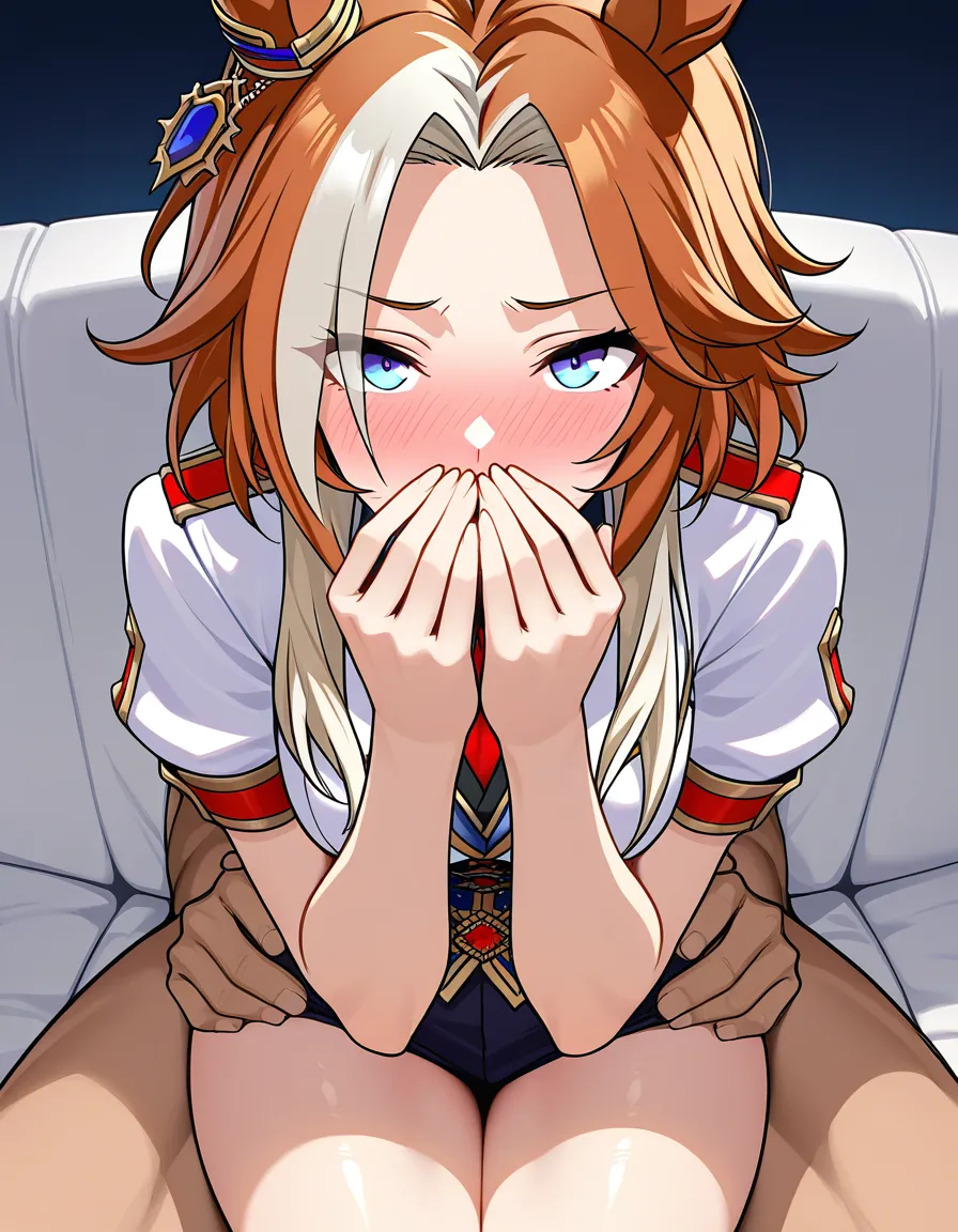 /masterpiece /sharp_focus /highres lineart orfevre_(umamusume) blue_eyes sex lap_sex sitting_on_lap blush hands_on_others_hips covering_own_mouth, hentai_studio_quality