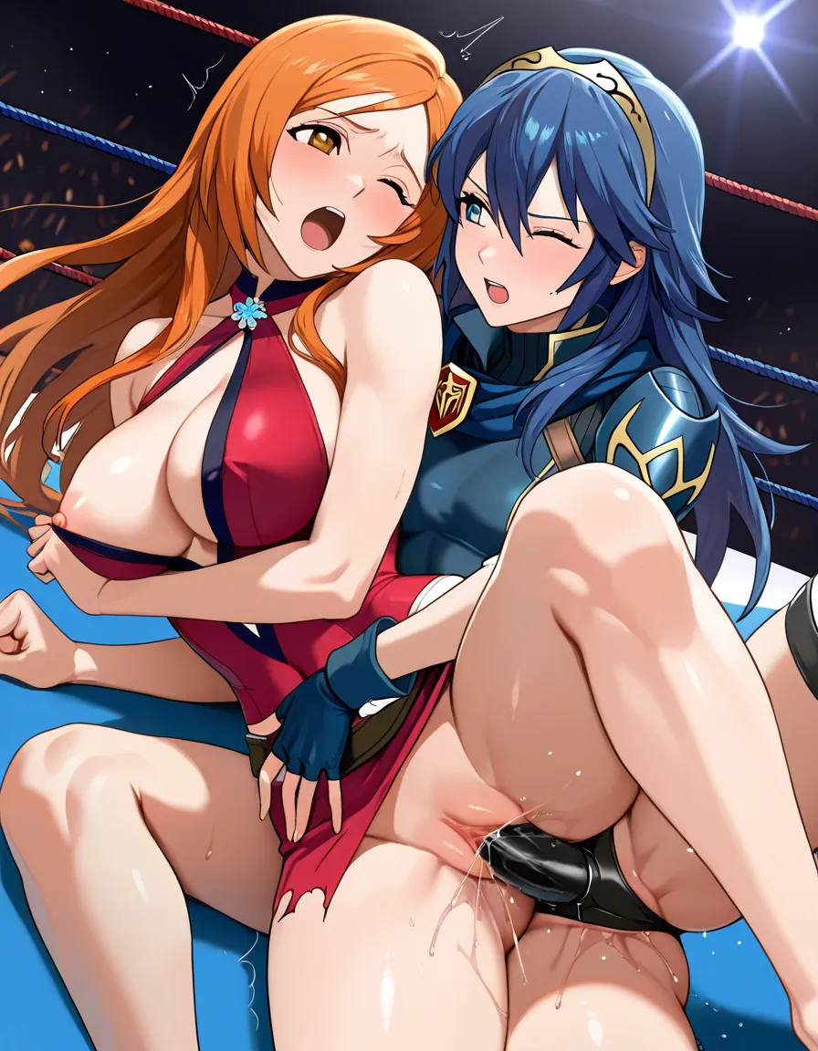 2girls , Best_quality, ultra_detailed, @lucina_(fire_emblem) , @inoue_orihime ) , yuri sex ,wrestling_ring wrestling defeated, pussy_juice squirting orgasm , strap-on wince spooning_position leg_up on_side on_floor, torn_clothes, nipple_slip, hentai_studio_quality
