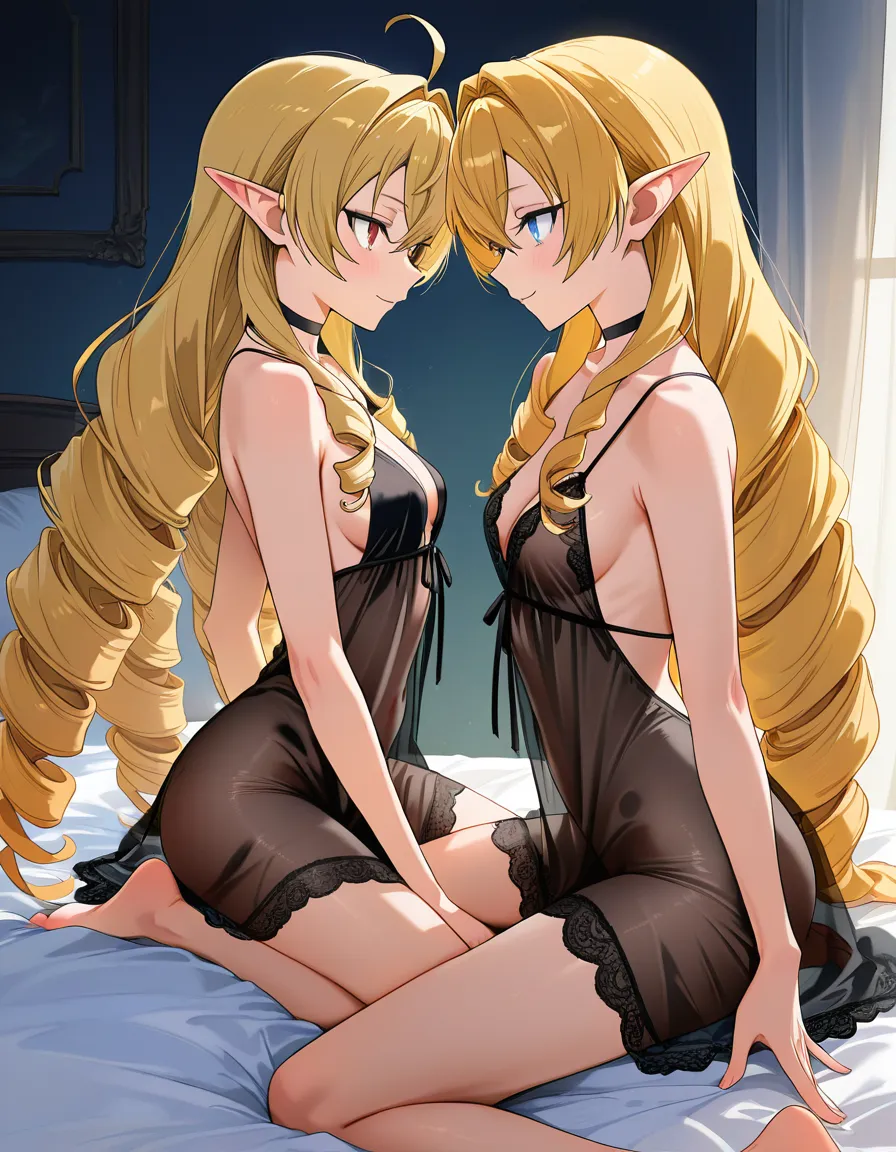 (Sole girl:1.3), Elinalise Dragonroad from Mushoku Tensei, elf, long blonde hair, naked, 20 years old, beautiful slim body, small medium natural breasts, portrait, beautiful eyes, eye contact, black choker, soft smile, kneeling on her bed, slightly leaning backward, (sexy sheer black night gown, see-through, deep cleavage, erect nipples, large areolas, upskirt, skirt lift, futanari, small bare flaccid cock, tiny naked cock:1.3), view from below, hentai_studio_quality