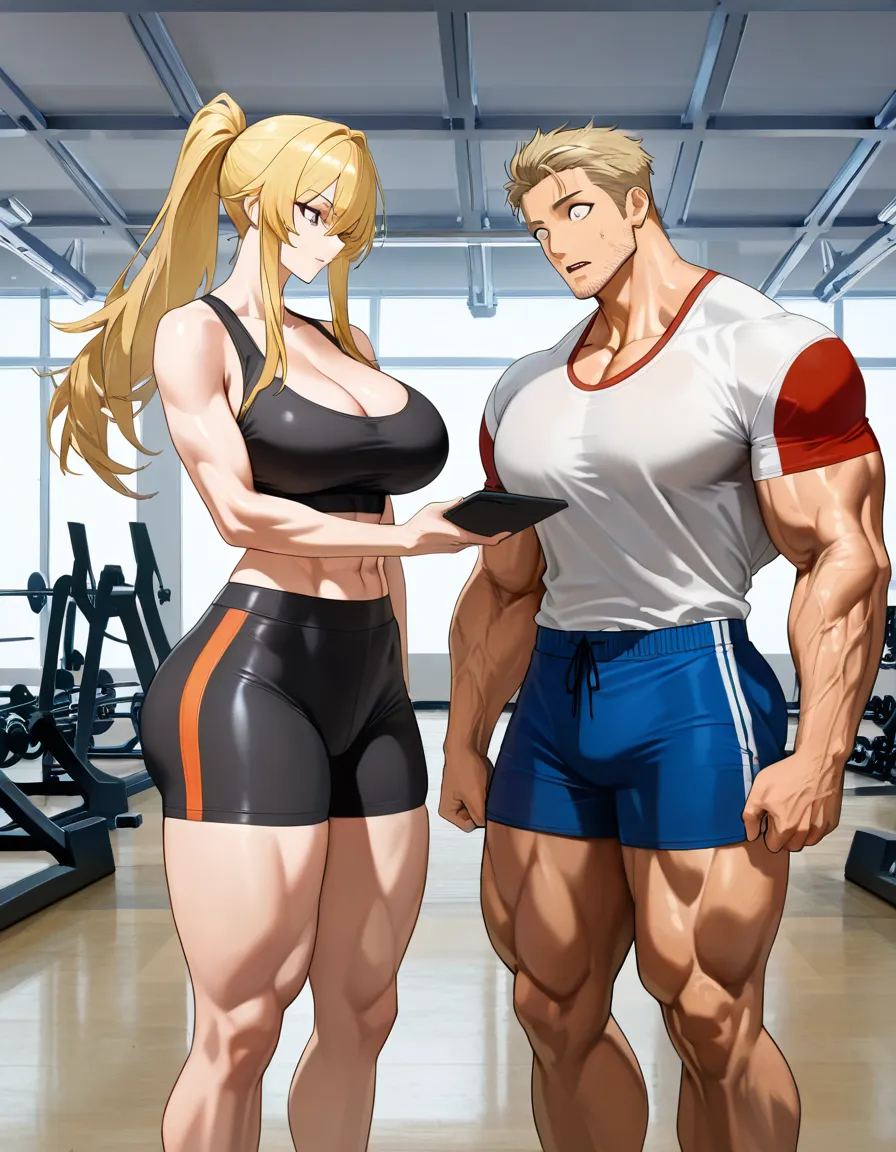 Giant muscular_female, man stubble, adults, size_difference, huge height_difference, female blonde_hair short_hair_with_long_locks, short_sleeves shorts sportswear, female tight_clothes tank_top , male oversized_clothes, indoors gym, femdom, dominant female looking_at_another, male facing_another looking_up surprised, breast_press, male pinned against_wall, male floating flying, teasing, nervous blush male looking_up , male black medium_hair, petite male, standing , female hands_on_own_hips, female abs, female big biceps, female big shoulders, female thick_thighs, female huge_ass, female wide_hips, huge_breasts, gigantic tall female, bulging nipples, male bulge, male narrow_waist, domination, eye_contact, aged_up, full_body, hentai_studio_quality