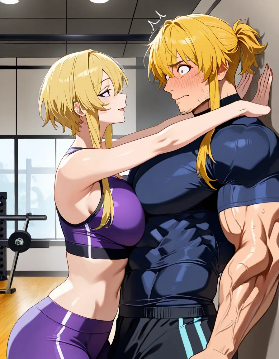 Giant muscular_female, man stubble, adults, size_difference, huge height_difference, female blonde_hair short_hair_with_long_locks, indoors gym, femdom, dominant female looking_at_another, male facing_another looking_up surprised, breast_press, male pinned against_wall, male flying, teasing, nervous blush male looking_up , male black medium_hair, petite male, standing , female tight_clothes tank_top leggings , male oversized_clothes, female hands_on_own_hips, female abs, female big biceps, female big shoulders, female thick_thighs, female huge_ass, female wide_hips, huge_breasts, gigantic tall female, bulging nipples, male bulge, male narrow_waist, domination, eye_contact, aged_up, full_body, hentai_studio_quality