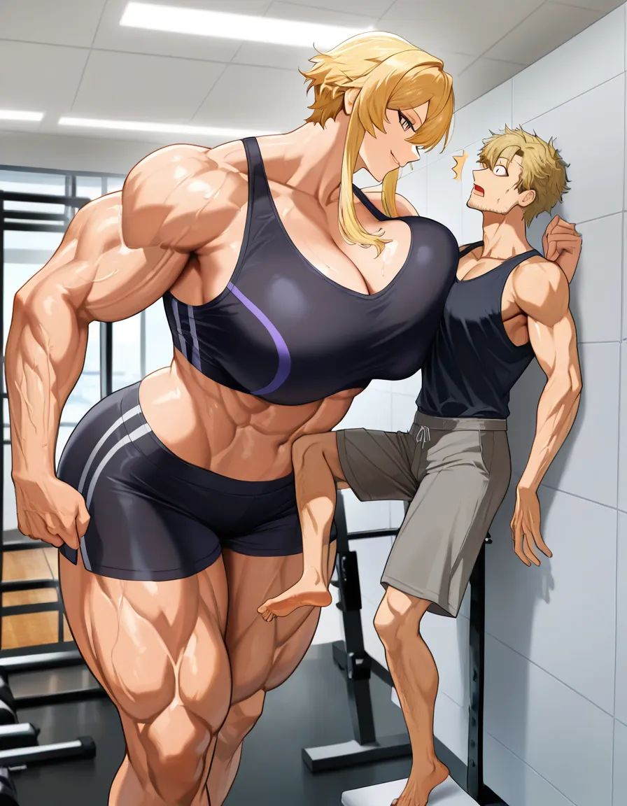 Giant muscular_female, man stubble, adults, size_difference, huge height_difference, female blonde_hair short_hair_with_long_locks, petite male, indoors gym, femdom, dominant female looking_at_another, male facing_another looking_up surprised, breast_press, male pinned against_wall, male flying feet dangling, teasing, nervous blush male looking_up , male black medium_hair, standing , female crop_top leggings , slender male oversized_clothes hoodie pants, female hands_on_own_hips, female leaning_back, female abs, female big biceps, female big shoulders, female thick_thighs, female huge_ass, female wide_hips, huge_breasts, gigantic tall female, bulging nipples, male bulge, male narrow_waist, floating male, domination, eye_contact, aged_up, full_body, hentai_studio_quality