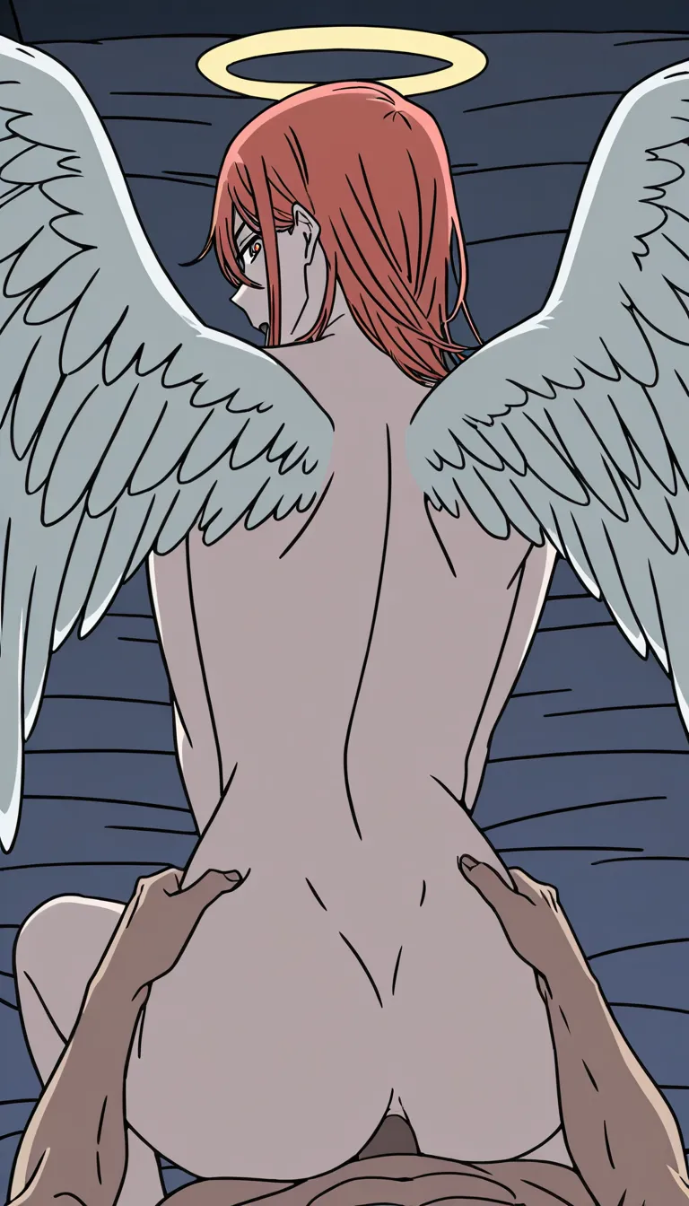 chainsaw_man_style, tatsuki_fujimoto_style, 
angel_devil_(chainsaw_man), 
1femboy, 1boy, long_red_hair, angel_wings, halo, on_bed 
interracial_gay_anal_sex_with_faceless_bald_male
ass_focus 
smirk