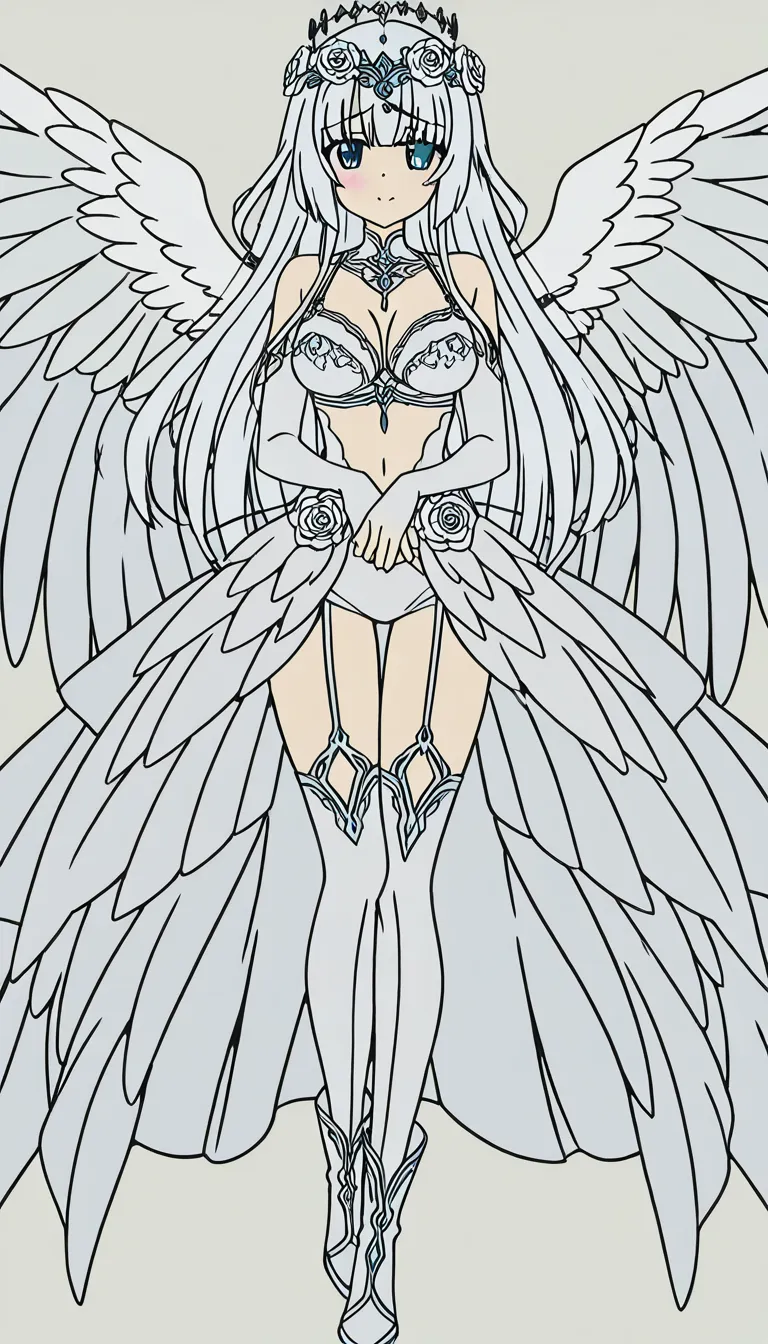 hair and bangs covering one eye
White floral crown/headpiece
Large feathered wings
Elegant white fantasy outfit with silver accessories
White ornate boots
Pale, shy expression
Celestial/gothic aesthetic in a moonlit ocean setting
White rose bra.
Big chest and thighs
with white angel wings
getting fucked by white human
puffy pussy
pussy_juice
