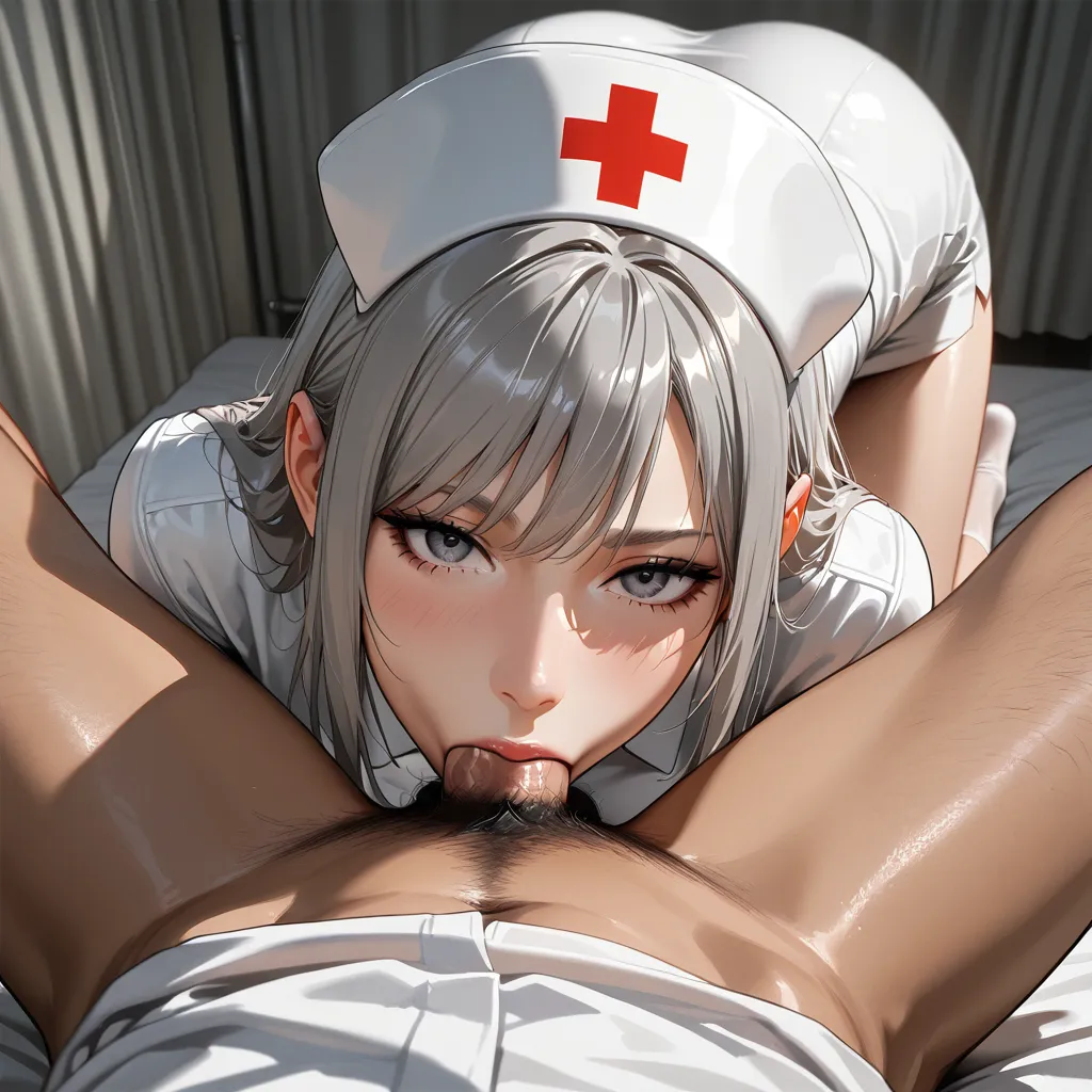 RAW photo, ultra realistic, nurse, grey hair, socks, fellatio , dslr quality
