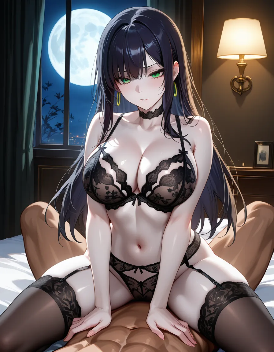 Anime serleena big breasts wide hips green eyes pale skin dark hair black lingerie in a room on a soft bed night low lighting full moon Missionary position, hentai_studio_quality