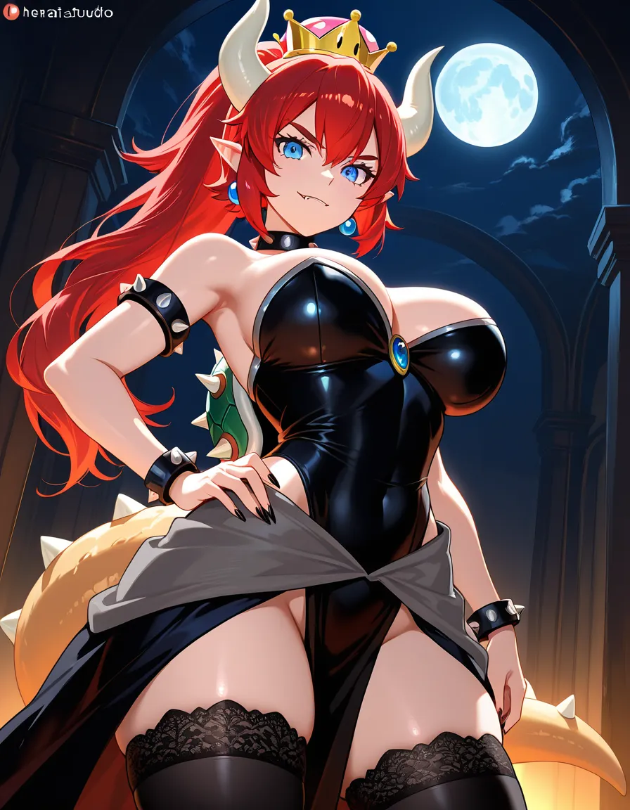 Anime bowsette big breasts wide hips blue eyes light skin red hair pony tail gold super crown white horns pointy ears black leonard black thigh highs in a room at night low lighting full moon, hentai_studio_quality