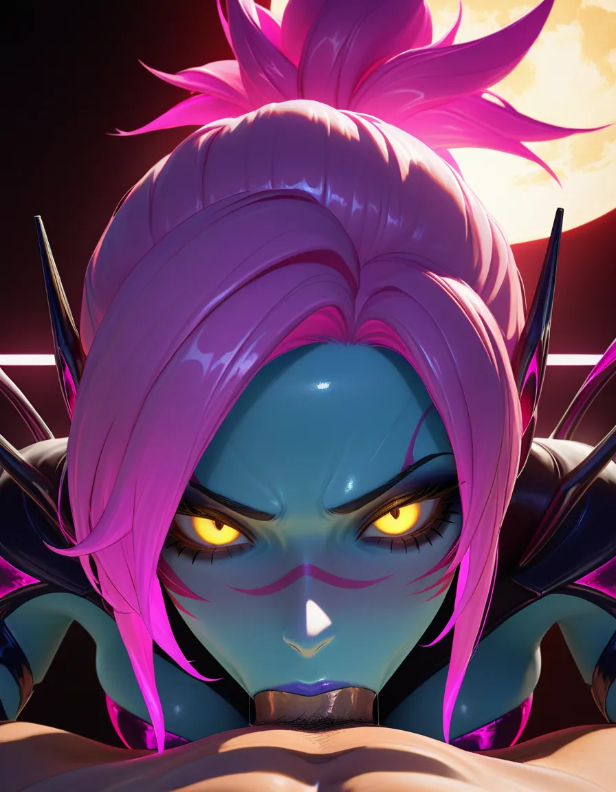 Anime league of legends evelynn yellow eyes light blue skin hot pink hair hot pink Revealing outfit in a room at night low lighting full moon deep throat eyes closed, score_9, score_8, 3d render, octane render, subsurface scattering, ray tracing, smooth shading
