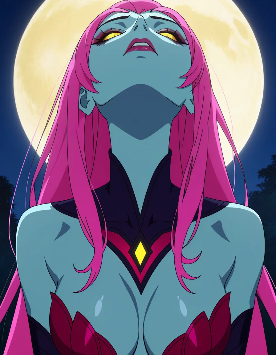 Anime league of legends evelynn yellow eyes light blue skin hot pink hair hot pink Revealing outfit in a room at night low lighting full moon deep throat eyes closed, (anime style:1.3), 2d, anime screencap, cel shading, flat color