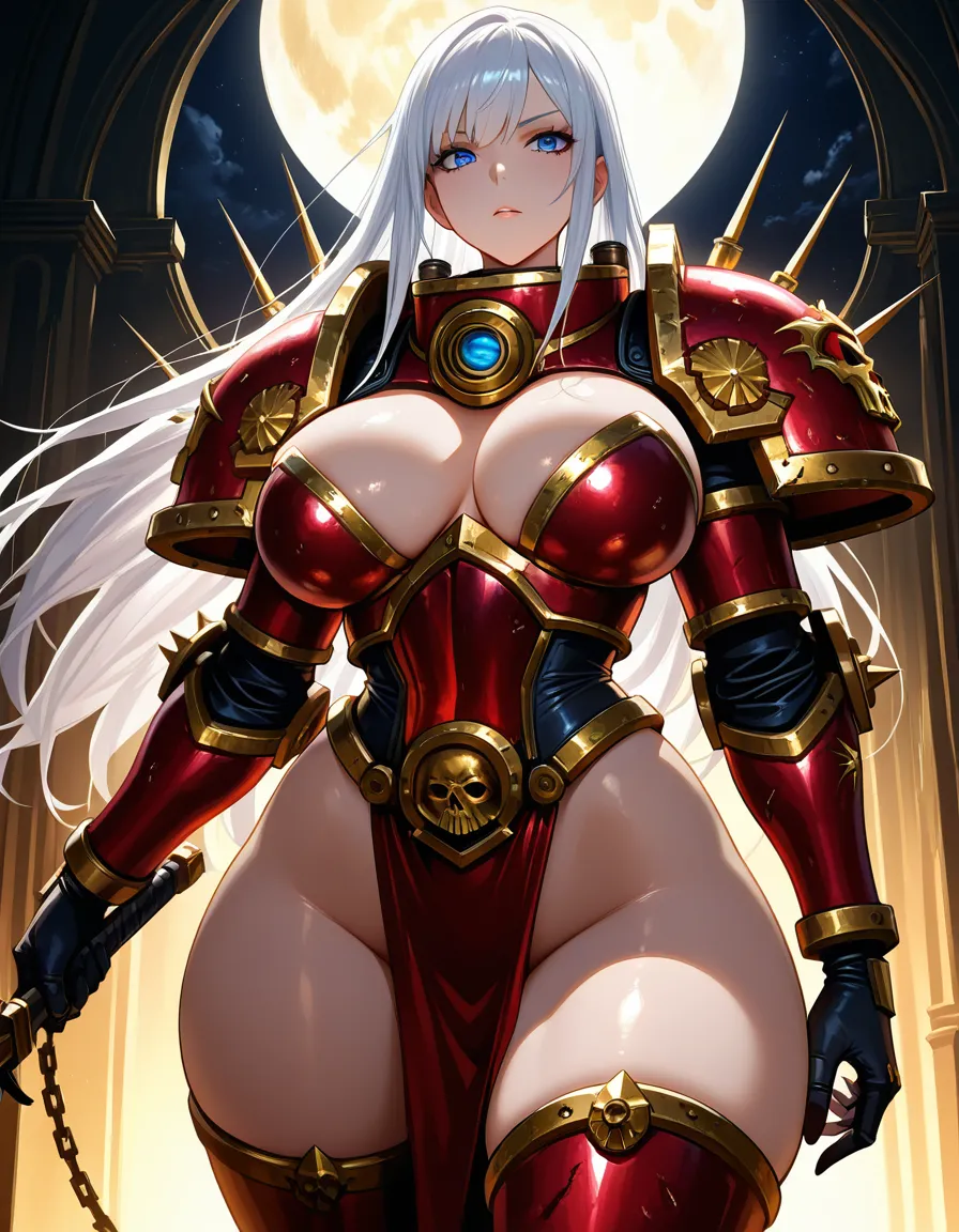 Anime warhammer 40k female space marine big breasts wide hips blue eyes light skin white hair red and gold armor breast plate Feminine armor in a room at night low lighting full moon, hentai_studio_quality