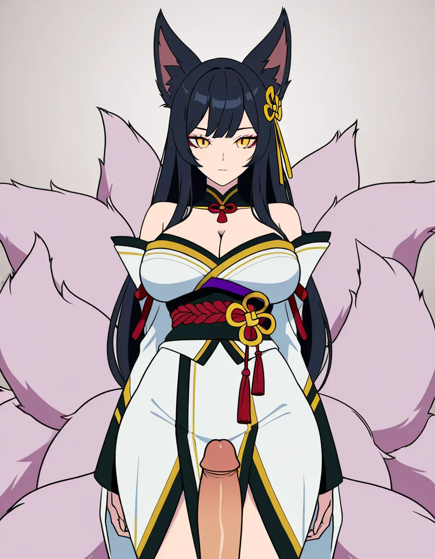 Anime league of legends ahri big breasts wide hips yellow eyes light skin black hair black fox ears nine white fox tails red and white kimono dress blow job, (anime style:1.3), 2d, anime screencap, cel shading, flat color, @00osamio00