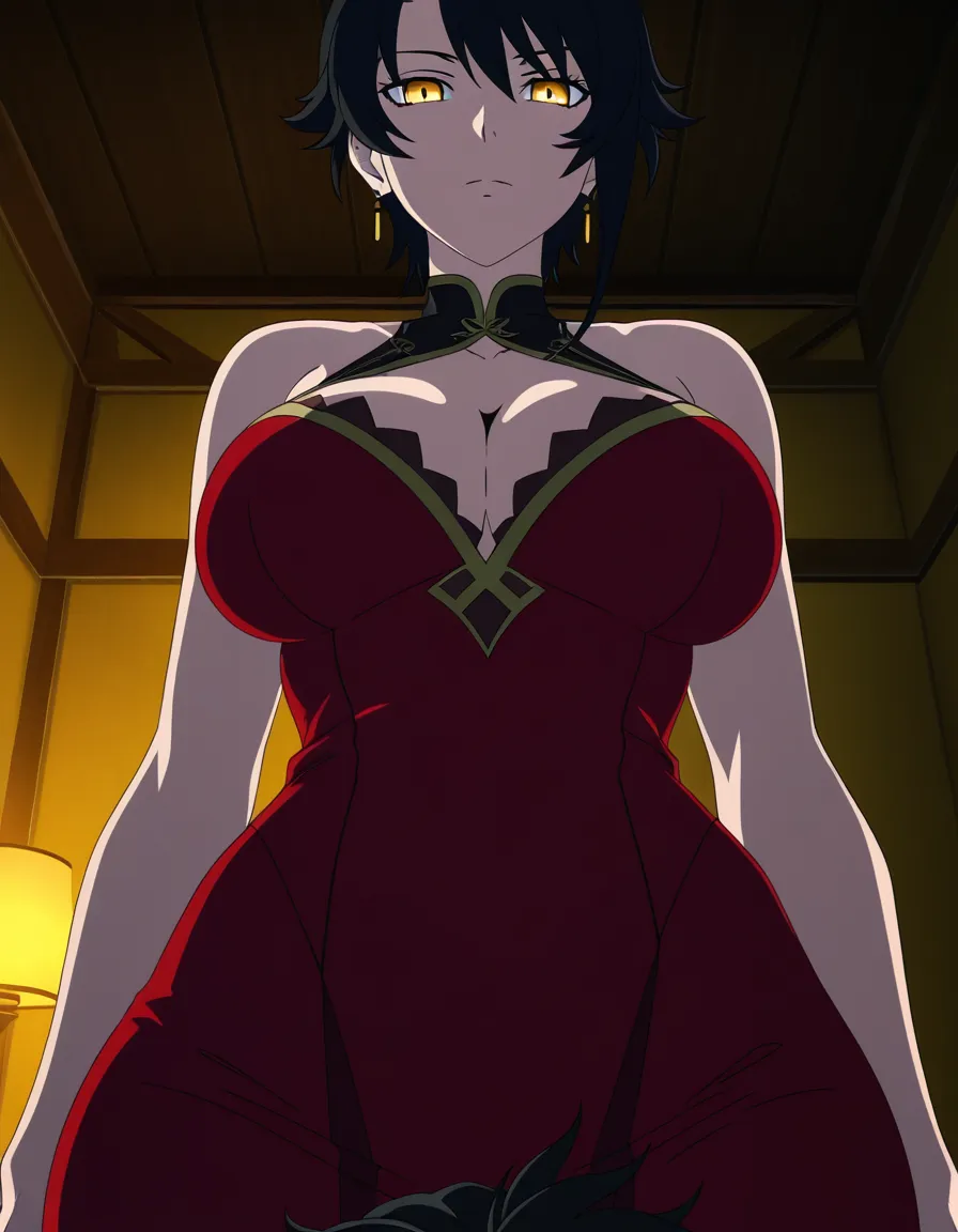 Anime rwby cinder fall big breasts wide hips yellow eyes light skin black hair red dress in a room at night low lighting full moon deep throat, hentai_studio_quality, (anime style:1.3), 2d, anime screencap, cel shading, flat color
