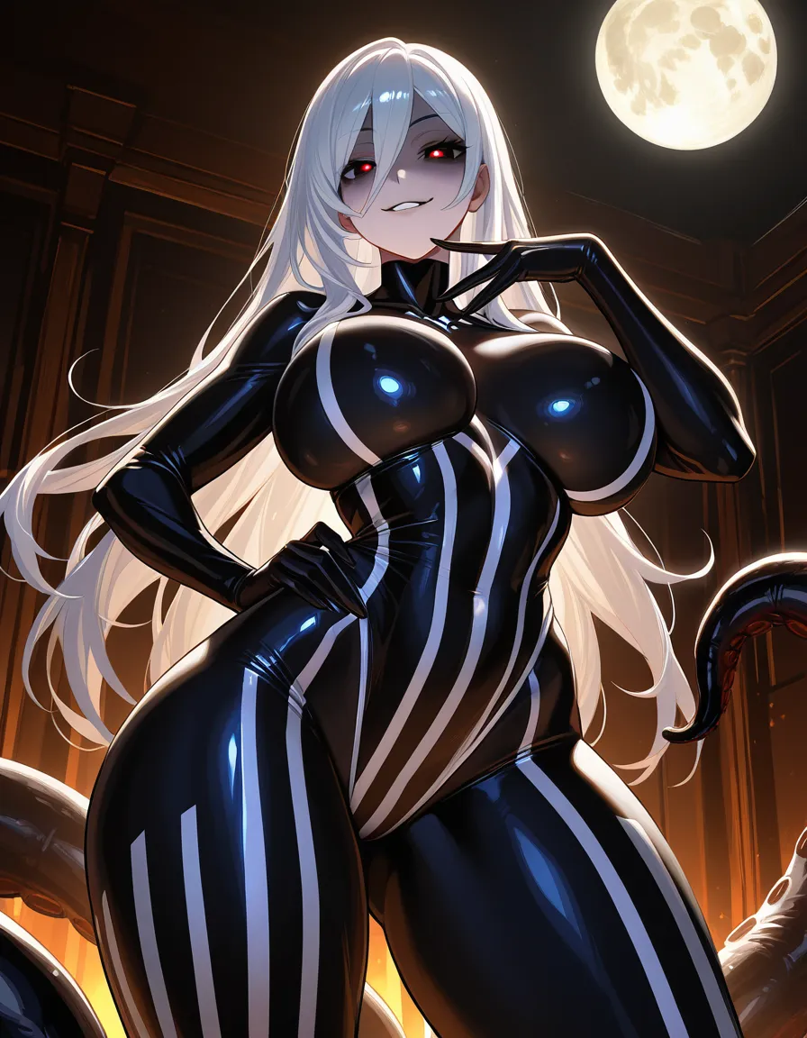 Anime fnaf female nightmarionne big breasts wide hips pale face dark eyes white white hair glowing Pupils black body black and white striped tentacles in a room at night low lighting full moon sexy pose hand on hip Seductive smile, hentai_studio_quality
