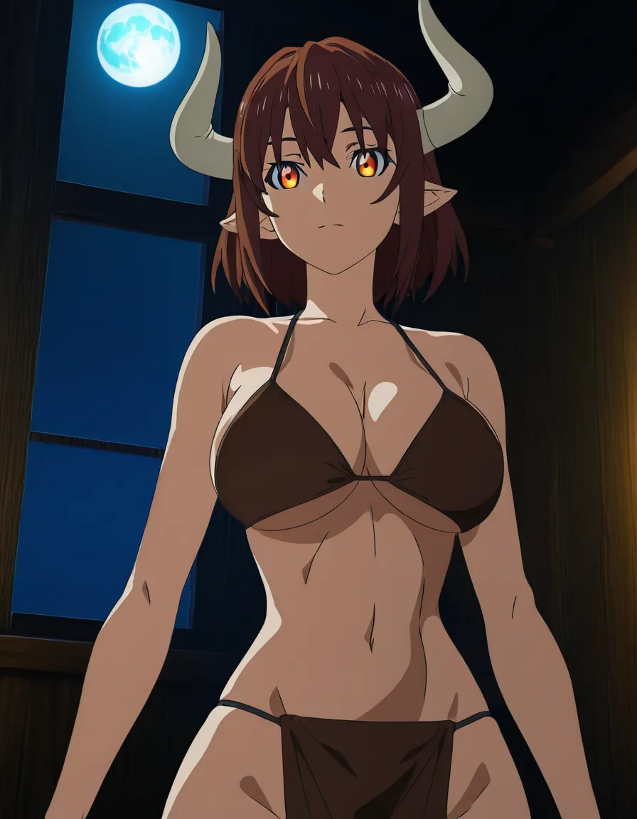 Anime fantasy female minotaur big breasts wide hips amber eyes light skin brown hair bull horns brown Loincloth brown bikini top toned belly in a room at night low lighting full moon, hentai_studio_quality, (anime style:1.3), 2d, anime screencap, cel shading, flat color, score_9, score_8, 3d render, octane render, subsurface scattering, ray tracing, smooth shading