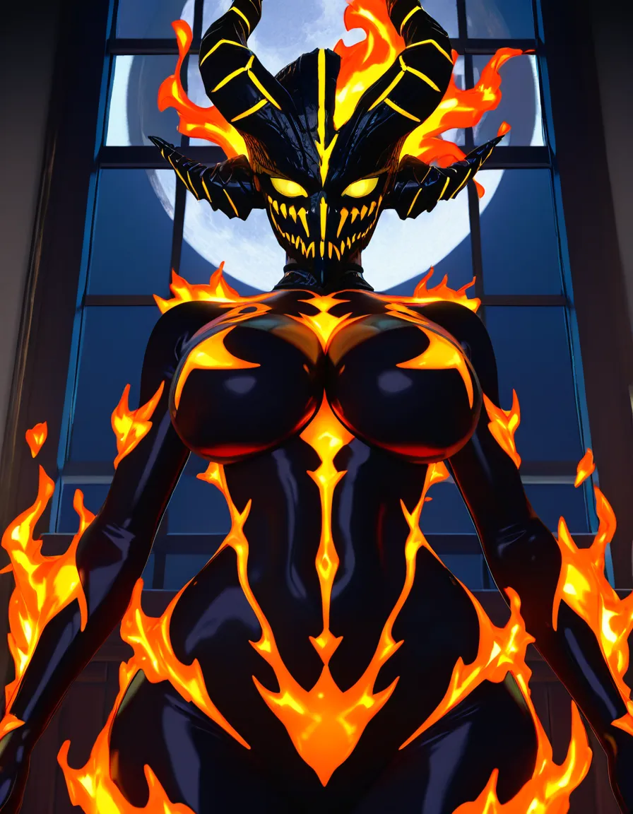 Anime skyrim flame atronach big breasts wide hips yellow eyes curved black horns flaming hair flame body black Feminine skeleton in a room at night low lighting full moon, score_9, score_8, 3d render, octane render, subsurface scattering, ray tracing, smooth shading, (anime style:1.3), 2d, anime screencap, cel shading, flat color, @00osamio00, (anime style:1.3), 2d, anime screencap, cel shading, flat color, hentai_studio_quality