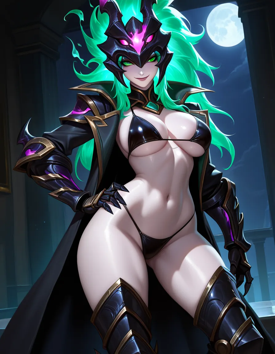 Anime league of legends female thresh big breasts wide hips green eyes pale skin flaming green hair black bikini Open black trench coat black armored boots black armored Gloves and Gauntlets in a room at night low lighting full moon sexy pose hand on hip Seductive smile, hentai_studio_quality