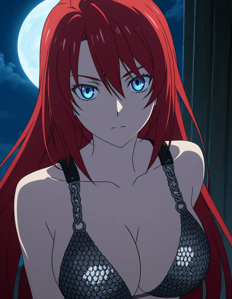 Anime red sonja blue eyes light skin long red hair silver chainmail bikini in a room at night low lighting full moon, hentai_studio_quality, (anime style:1.3), 2d, anime screencap, cel shading, flat color