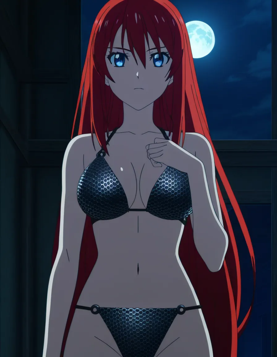 Anime red sonja blue eyes light skin long red hair silver chainmail bikini in a room at night low lighting full moon, hentai_studio_quality, (anime style:1.3), 2d, anime screencap, cel shading, flat color, hentai_studio_quality, (anime style:1.3), 2d, anime screencap, cel shading, flat color, @00osamio00, score_9, score_8, 3d render, octane render, subsurface scattering, ray tracing, smooth shading