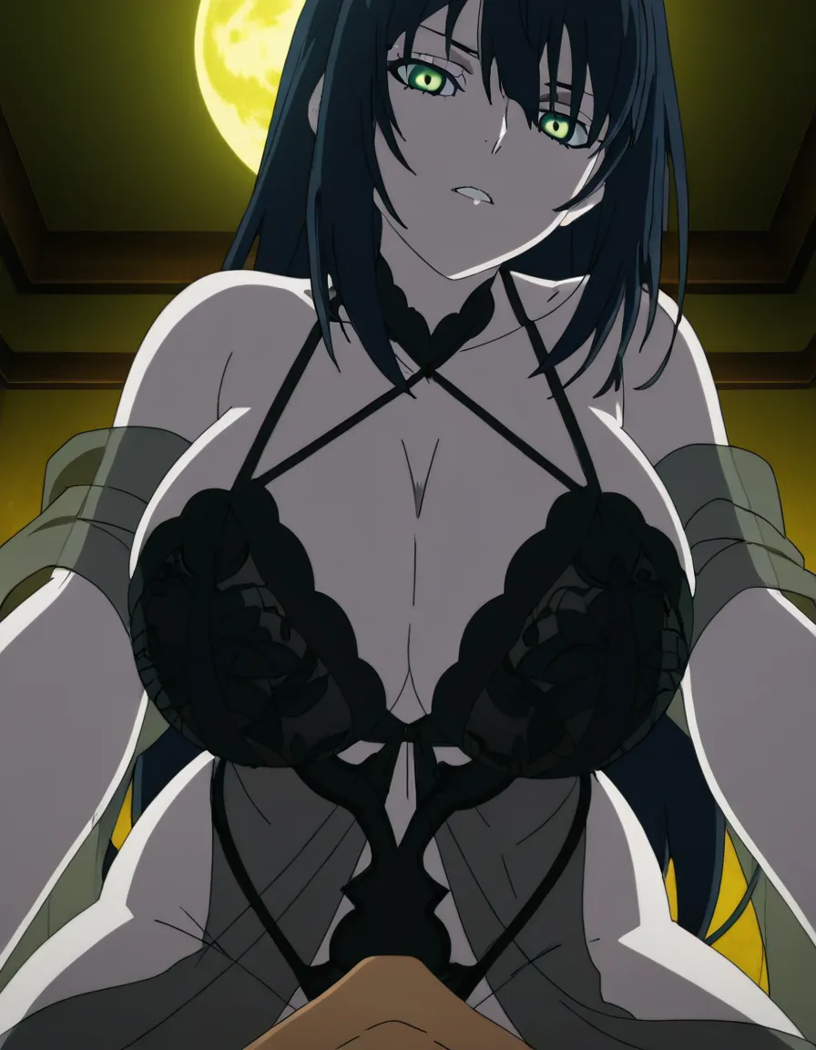 Anime serleena big breasts wide hips green eyes pale skin dark hair black lingerie See through gray shawl in a room at night low lighting full moon deep throat All the way to the base pov, hentai_studio_quality, (anime style:1.3), 2d, anime screencap, cel shading, flat color, (anime style:1.3), 2d, anime screencap, cel shading, flat color, @00osamio00