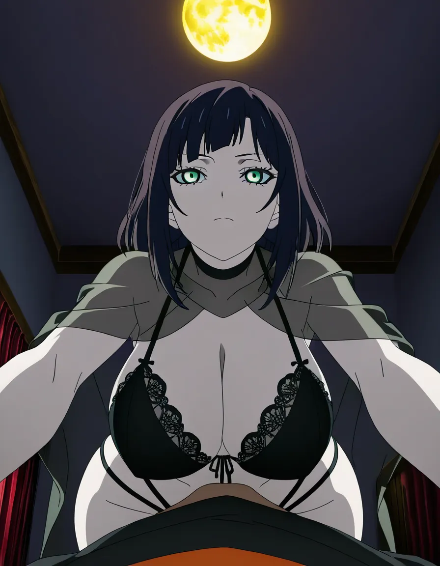 Anime serleena big breasts wide hips green eyes pale skin dark hair black lingerie See through gray shawl in a room at night low lighting full moon eyes closed deep throat All the way to the base pov, hentai_studio_quality, (anime style:1.3), 2d, anime screencap, cel shading, flat color, score_9, score_8, 3d render, octane render, subsurface scattering, ray tracing, smooth shading, (anime style:1.3), 2d, anime screencap, cel shading, flat color, @00osamio00