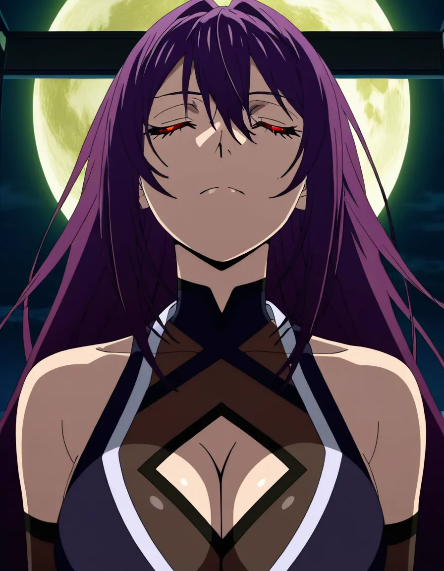Anime hells paradise yuzuriha red eyes light skin dark purple hair dark purple Rippling female ninja deep Cleavage outfit in a room at night low lighting full moon eyes closed deep throat All the way to the base, hentai_studio_quality, (anime style:1.3), 2d, anime screencap, cel shading, flat color