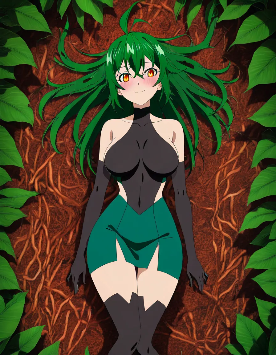 Anime biollante big breasts wide hips amber eyes light skin long dark green hair plant tentacles coming out of her back roses in her hair in a jungle sun set low lighting laying on a leaf bed soft smile Blushing a little, hentai_studio_quality, (anime style:1.3), 2d, anime screencap, cel shading, flat color