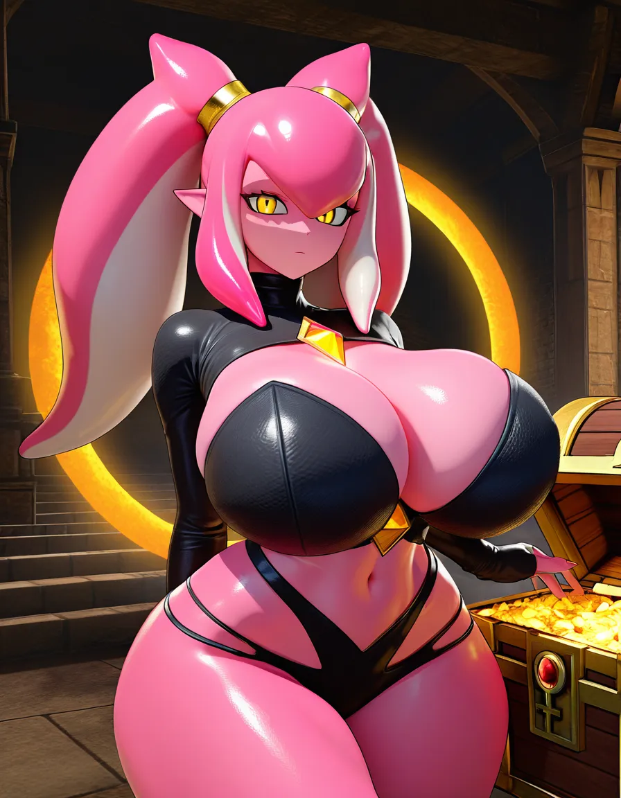 Anime mimic girl big breasts wide hips yellow eyes pink skin hot pink tentacle hair coming on of a Treasure chest full of gold and Jewels in a Dungeon low lighting, hentai_studio_quality, score_9, score_8, 3d render, octane render, subsurface scattering, ray tracing, smooth shading