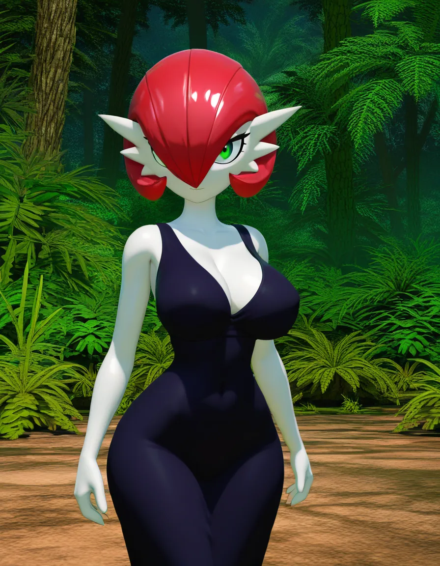 Anime gardevoir as poison ivy big breasts wide hips green eyes white skin red hair green plant leonard in a jungle sun set low lighting, hentai_studio_quality, score_9, score_8, 3d render, octane render, subsurface scattering, ray tracing, smooth shading, (anime style:1.3), 2d, anime screencap, cel shading, flat color, @00osamio00