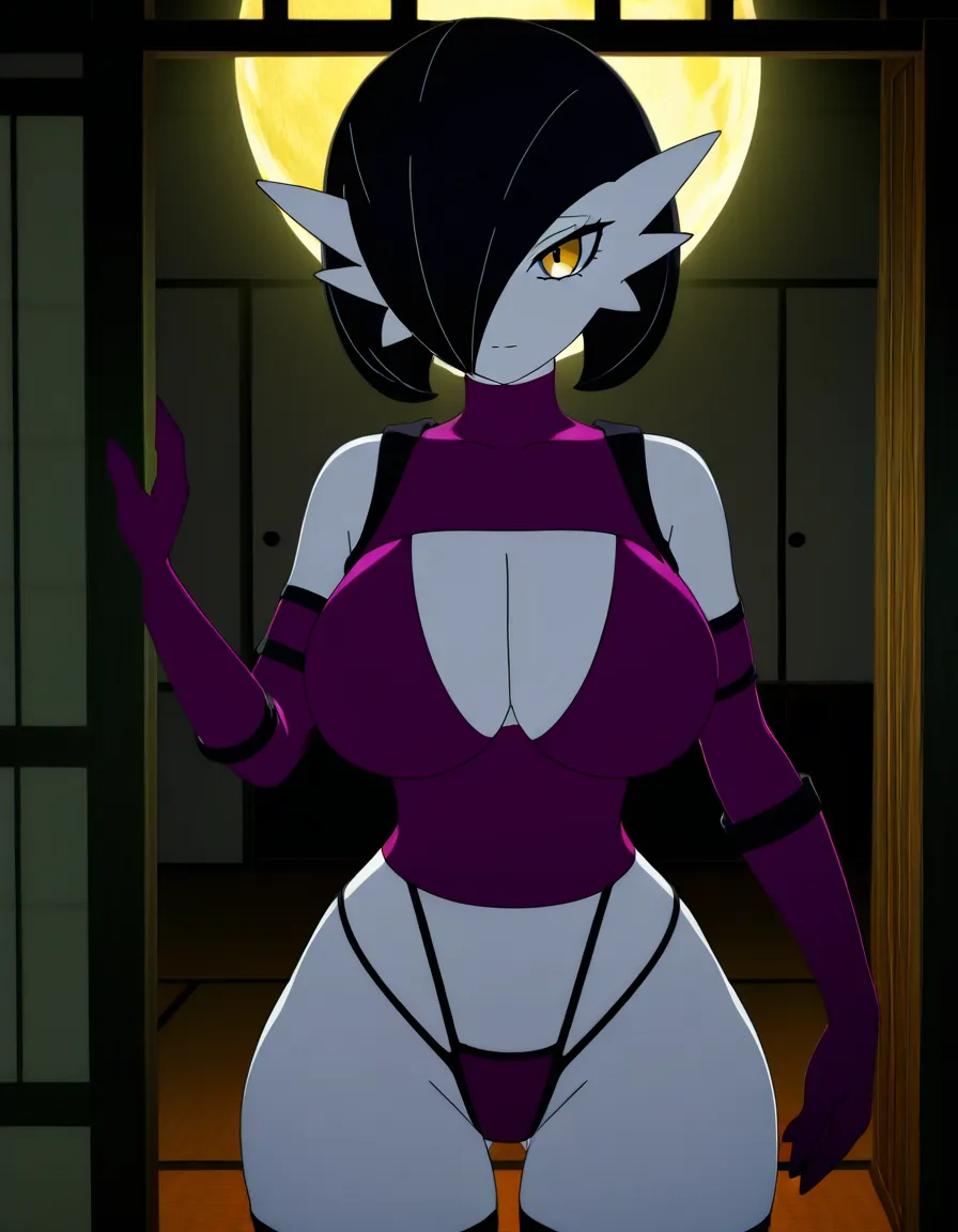 Anime gardevoir as mileena big breasts wide hips yellow eyes white skin black hair hot pink Revealing Female ninja outfit in a room at night low lighting full moon, hentai_studio_quality, (anime style:1.3), 2d, anime screencap, cel shading, flat color, score_9, score_8, 3d render, octane render, subsurface scattering, ray tracing, smooth shading