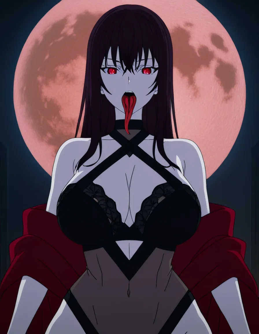 Anime serleena female kylothian big breasts wide hips red eyes pale skin dark hair black lingerie See through red shawl in a room at night low lighting full moon with a long red striped alien tentacle tongue coming out of her mouth, hentai_studio_quality, (anime style:1.3), 2d, anime screencap, cel shading, flat color, (anime style:1.3), 2d, anime screencap, cel shading, flat color, @00osamio00, score_9, score_8, 3d render, octane render, subsurface scattering, ray tracing, smooth shading