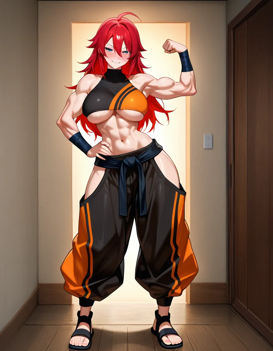 Anime female Martial artist big breasts wide hips blue eyes light skin short red hair  Crop top under boob Arm wrapping baggy pants sandals toned belly in a room sun set low lighting fighting pose sexy pose hand on hip Flexing arm Muscle Seductive smile blushing a little, hentai_studio_quality