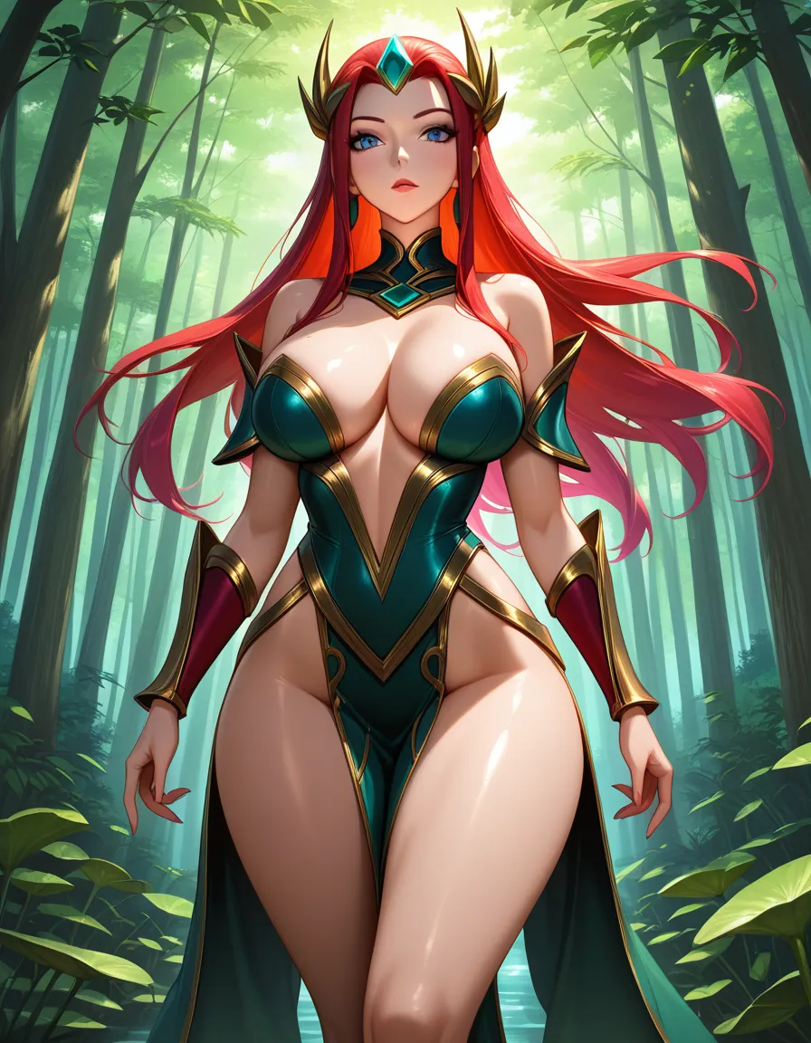 Anime league of legends yunara big breasts wide hips in a Forest temple sunset Lotus tree low lighting, hentai_studio_quality