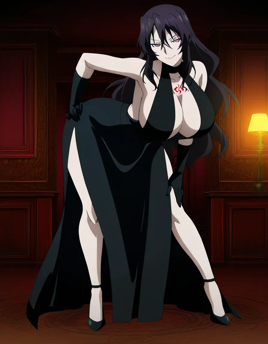 Anime fullmetal alchemist lust big breasts wide hips purple eyes pale skin dark hair black dress black heels long black gloves red Ouroboros symbol Tattoo over her Cleavage deep Cleavage in a room at night low lighting full moon sexy pose hand on hip Seductive smile, hentai_studio_quality, (anime style:1.3), 2d, anime screencap, cel shading, flat color, score_9, score_8, 3d render, octane render, subsurface scattering, ray tracing, smooth shading
