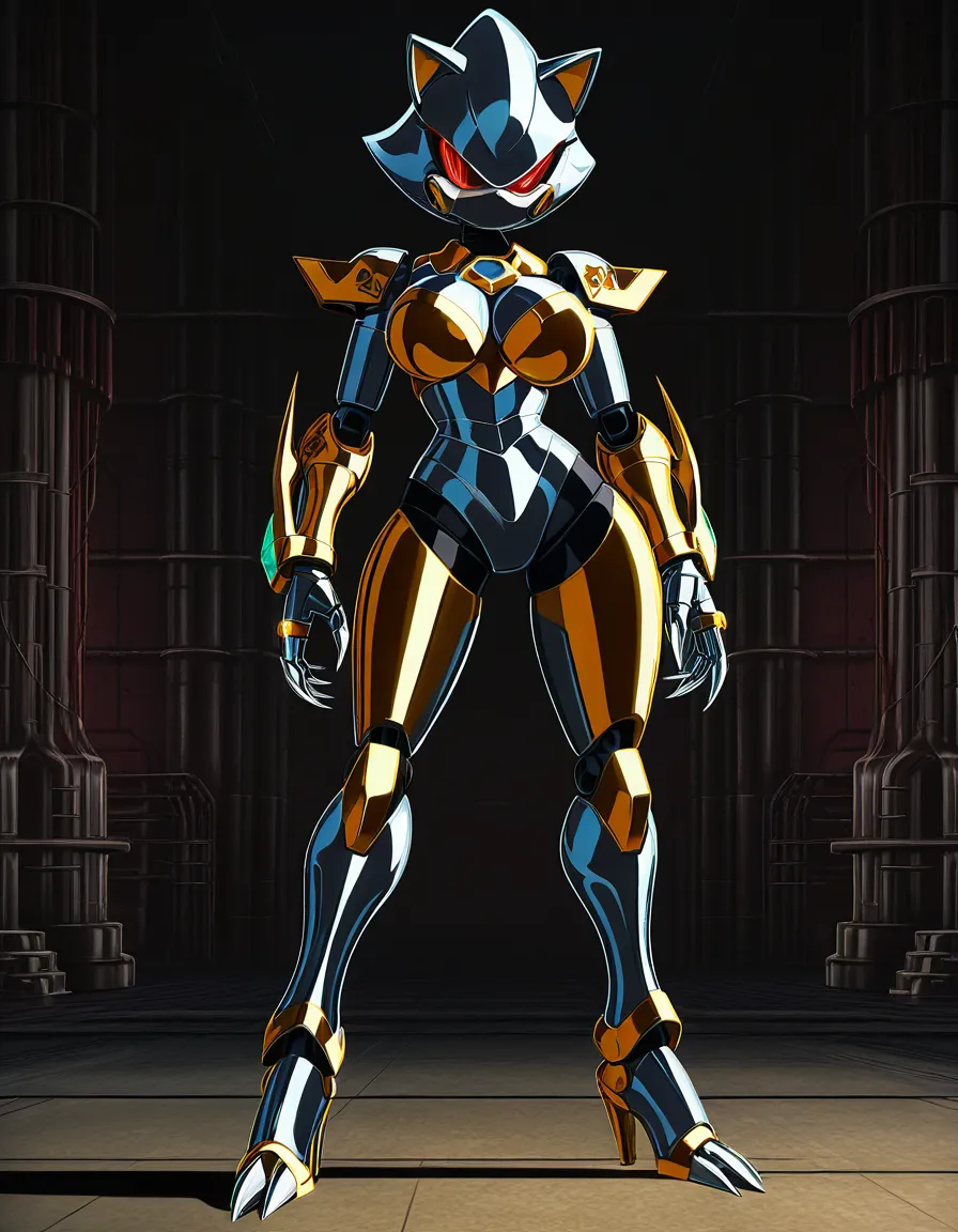 Anime sonic art style female metal sonic big breasts wide hips red eyes blue and silver armor exoskeleton robot silver claws red heels gold ring core in chest in a sci fi room low lighting, hentai_studio_quality, (anime style:1.3), 2d, anime screencap, cel shading, flat color