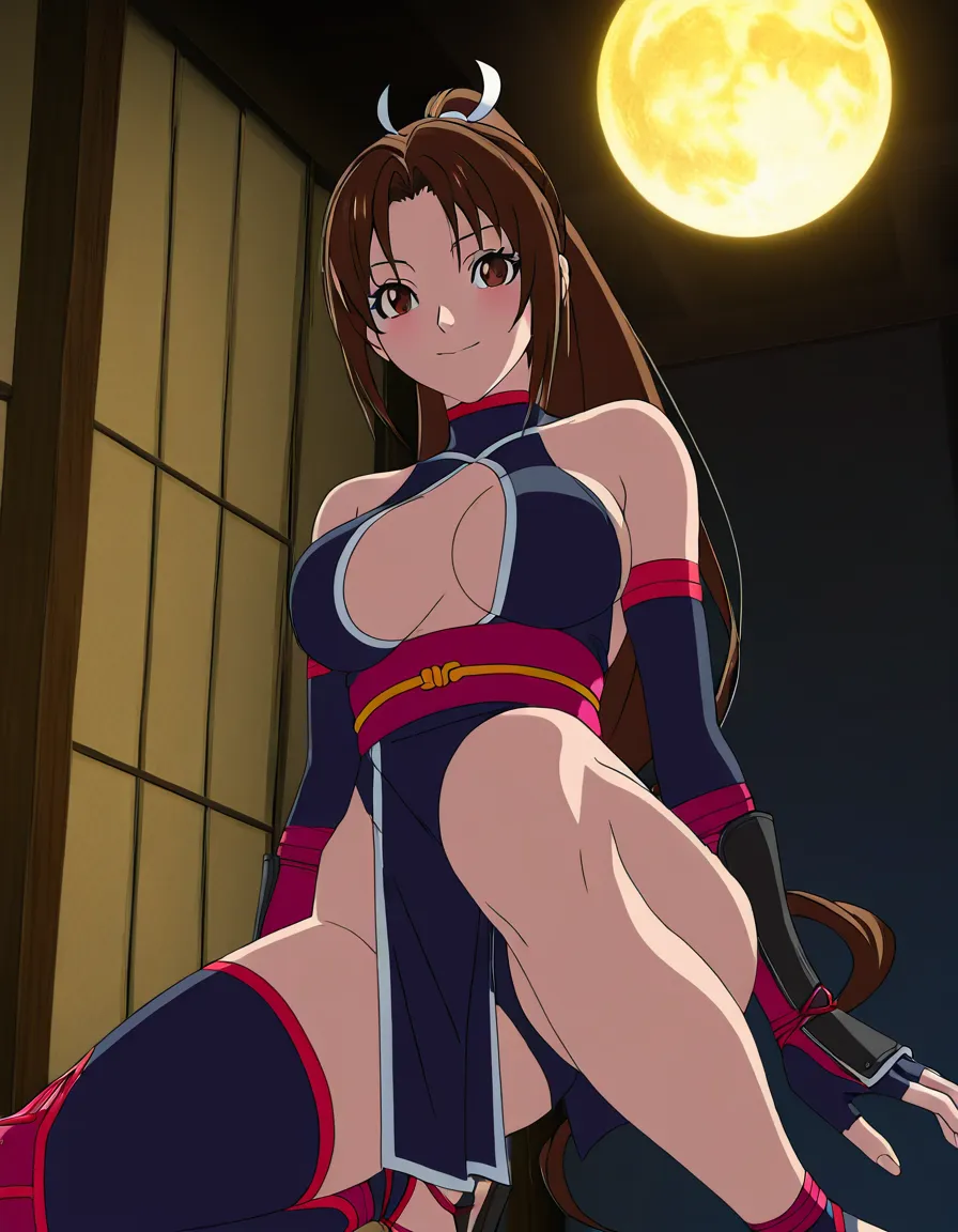 Anime king of fighters mai shiranui big breasts wide hips brown eyes light skin brown hair long ponytail red and white Female Revealing ninja outfit Sandals in a room at night low lighting full moon soft smile blushing a little, hentai_studio_quality, (anime style:1.3), 2d, anime screencap, cel shading, flat color