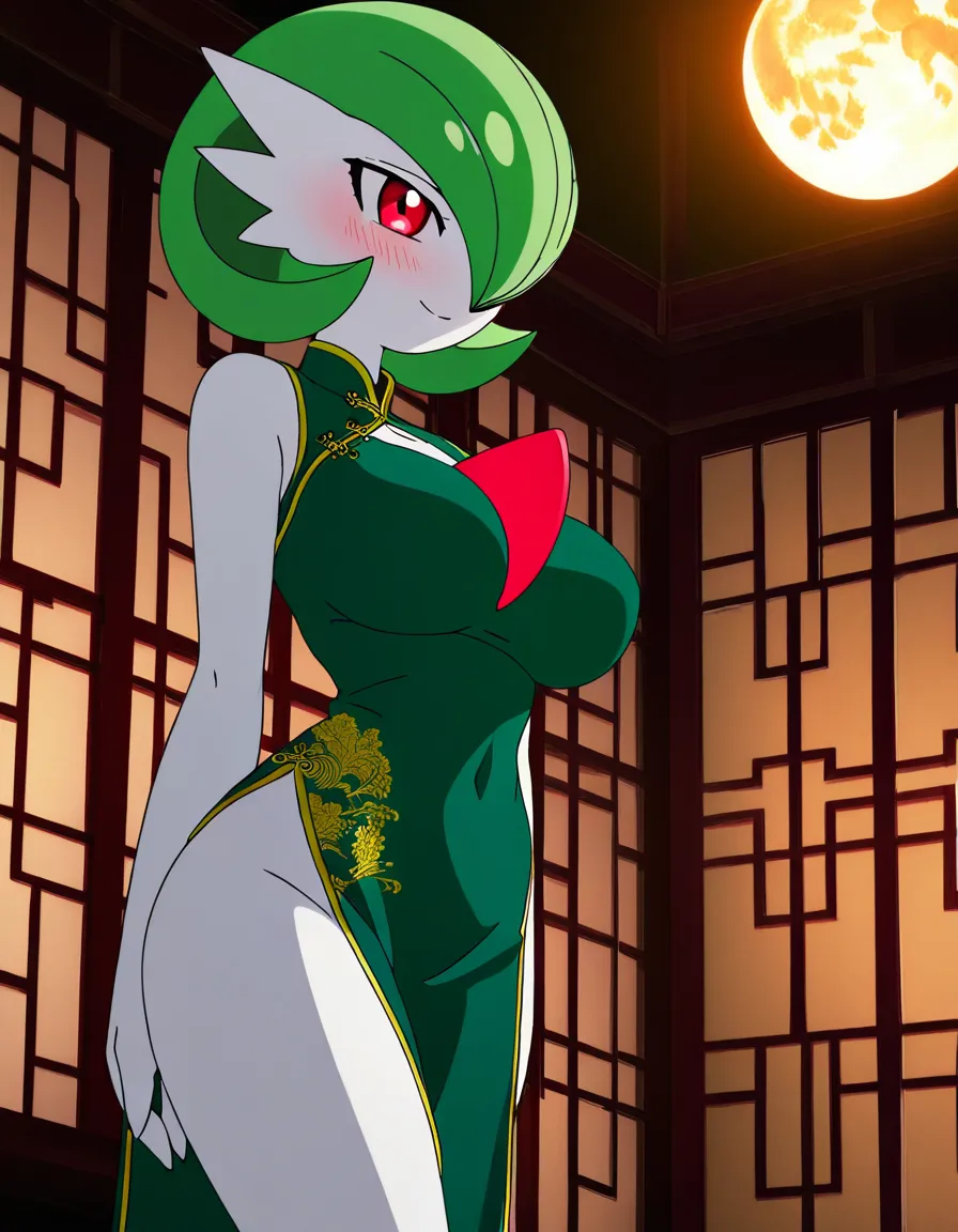 Anime gardevoir big breasts wide hips red eyes white skin green hair green and gold Chinese dress boob window in a room at night low lighting full moon soft smile blushing a little, hentai_studio_quality, (anime style:1.3), 2d, anime screencap, cel shading, flat color
