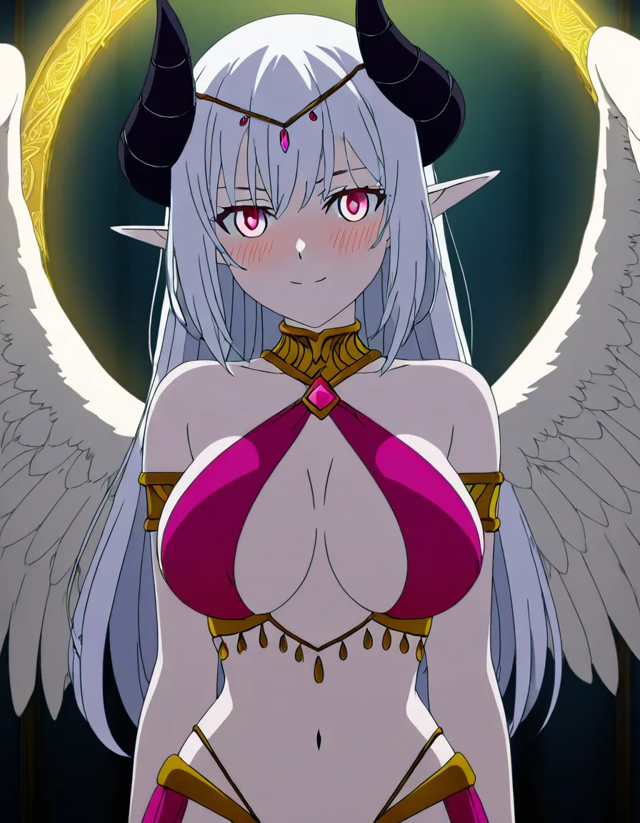 Anime Slaanesh big breasts wide hips pink eyes pale skin long white hair pointy elf ears curved black horns white feathered wings pink and gold harem belly dancer outfit in a room at night low lighting soft smile blushing a little, hentai_studio_quality, (anime style:1.3), 2d, anime screencap, cel shading, flat color