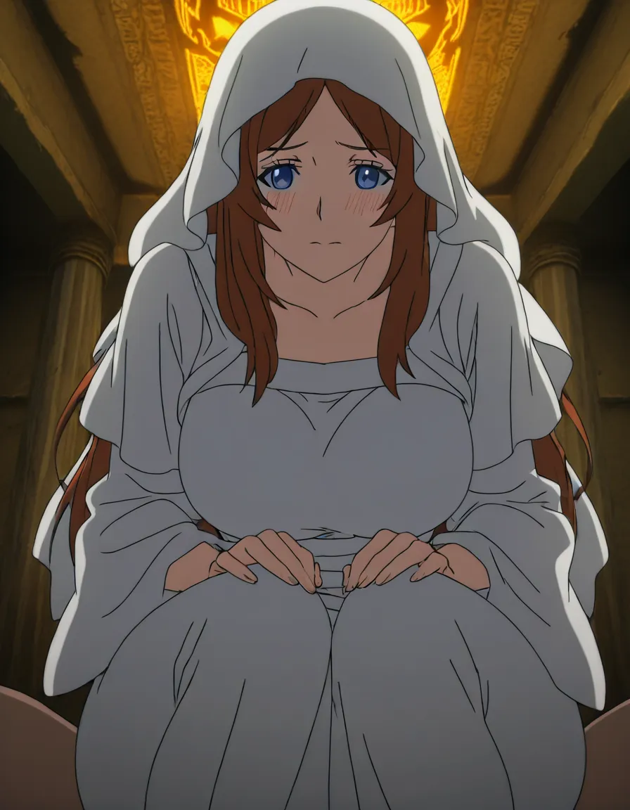 Anime dark souls gwynevere big breasts wide hips blue eyes light skin brown hair white dress in a temple sun set low lighting giving a implied deep throat oral eyes closed blushing a little on her knees in front of a man, hentai_studio_quality, (anime style:1.3), 2d, anime screencap, cel shading, flat color, hentai_studio_quality