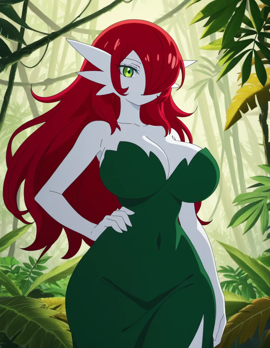Anime gardevoir as poison ivy big breasts wide hips green eyes white skin red hair green plant leaf leonard in a jungle at night low lighting, (anime style:1.3), 2d, anime screencap, cel shading, flat color