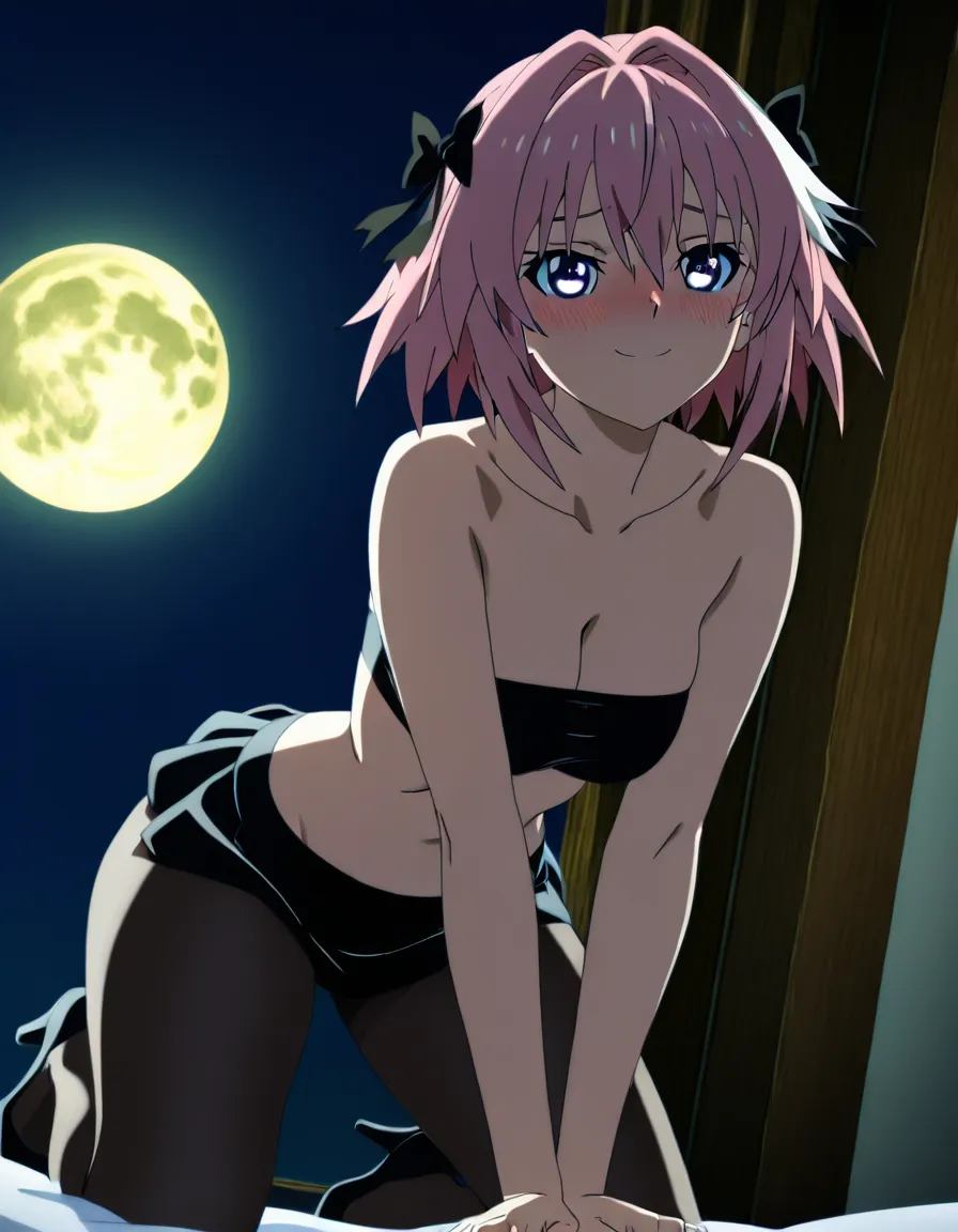 Anime female astolfo big breasts wide hips violet eyes light skin pink hair black tube top black mini skirt black heels Pantyless in a room at night low lighting full moon soft smile blushing a little getting fucked doggy style by a guy on her hands and knees, hentai_studio_quality, (anime style:1.3), 2d, anime screencap, cel shading, flat color, @00osamio00, score_9, score_8, 3d render, octane render, subsurface scattering, ray tracing, smooth shading
