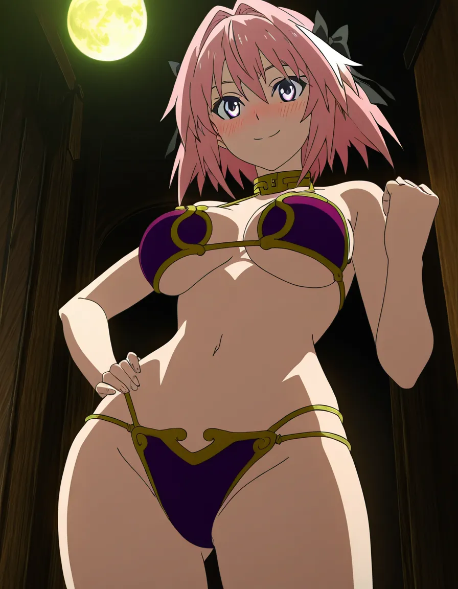 Anime female astolfo big breasts wide hips violet eyes light skin pink hair slave leia bikini in a room at night low lighting full moon sexy pose hand on hip soft smile blushing a little, hentai_studio_quality, (anime style:1.3), 2d, anime screencap, cel shading, flat color