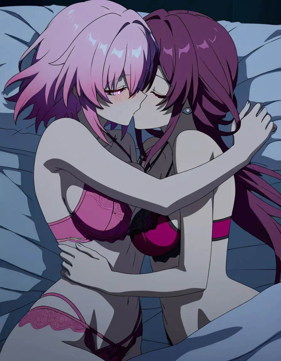 Anime honkai star rail Kafka big breasts wide hips pink eyes light skin Magenta hair magenta lingerie in a room at night low lighting full moon laying on a soft bed cuddling and kissing a guy eyes closed blushing a little, hentai_studio_quality, (anime style:1.3), 2d, anime screencap, cel shading, flat color, score_9, score_8, 3d render, octane render, subsurface scattering, ray tracing, smooth shading