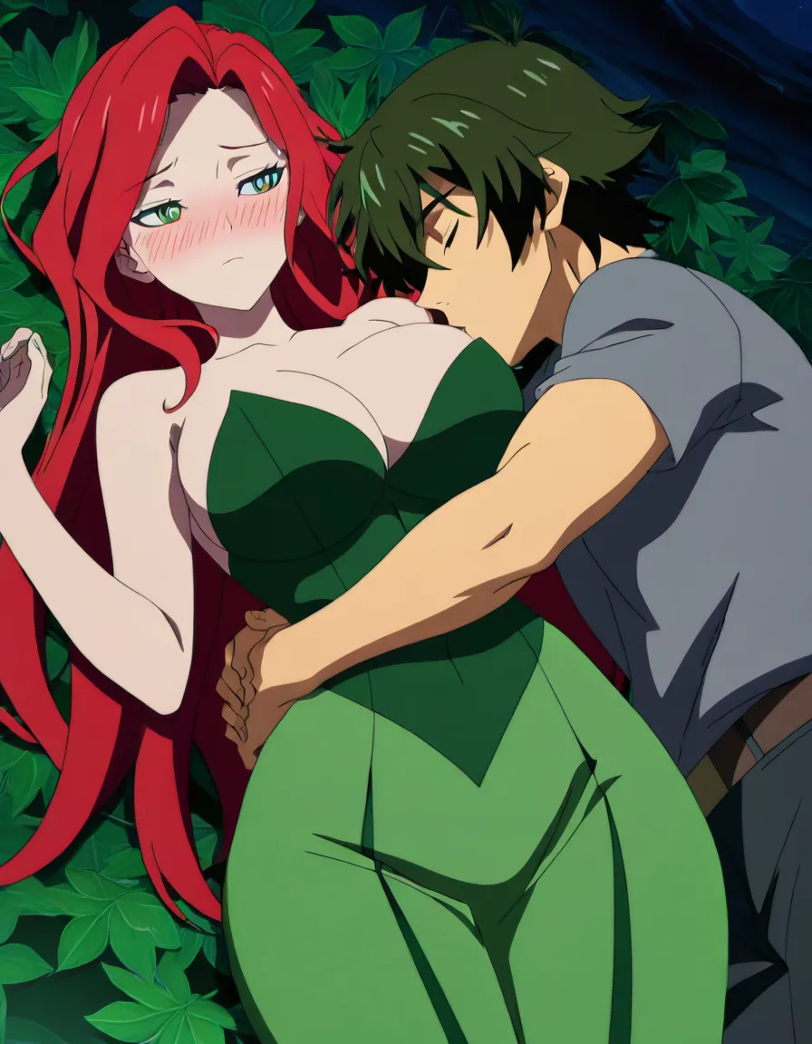 Anime dc poison ivy big breasts wide hips green eyes light skin red hair green plant leaf leonard deep Cleavage in a green house at night low lighting full moon cuddling and kissing a guy on a leaf bed eyes closed blushing a little, hentai_studio_quality, (anime style:1.3), 2d, anime screencap, cel shading, flat color