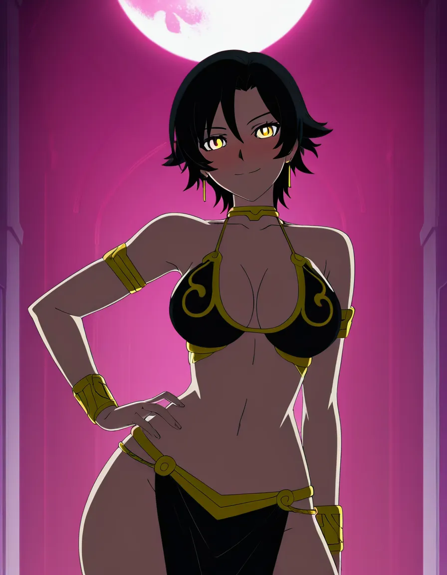 Anime rwby cinder fall big breasts wide hips yellow eyes light skin dark hair in a slave leia bikini in a room at night low lighting full moon soft smile blushing a little sexy pose hand on hip, hentai_studio_quality, (anime style:1.3), 2d, anime screencap, cel shading, flat color, (anime style:1.3), 2d, anime screencap, cel shading, flat color, @00osamio00