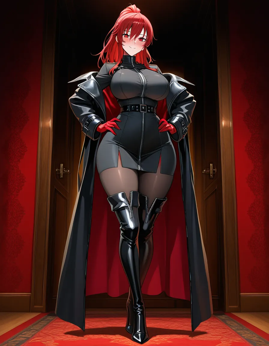 Anime persona kasumi big breasts wide hips red eyes light skin red hair ponytail opened black Long coat black leonard black thigh high boot heels red gloves in a room at night low lighting full of soft smile blushing a little, hentai_studio_quality