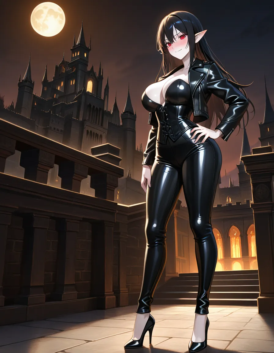 Anime female vampire big breasts wide hips red eyes pale skin black hair pointy elf ears black leather jacket black corset black leather pants black heels in a Ancient castle At night Low lighting full moon soft smile blushing a little sexy pose hand on hip, hentai_studio_quality