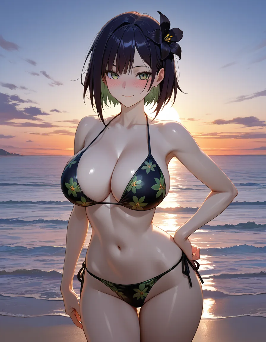 Anime serleena big breasts wide hips green eyes pale skin dark hair black flower swimsuit bikini on a Beach sunset low lighting soft smile blushing a little sexy pose hand on hip, hentai_studio_quality